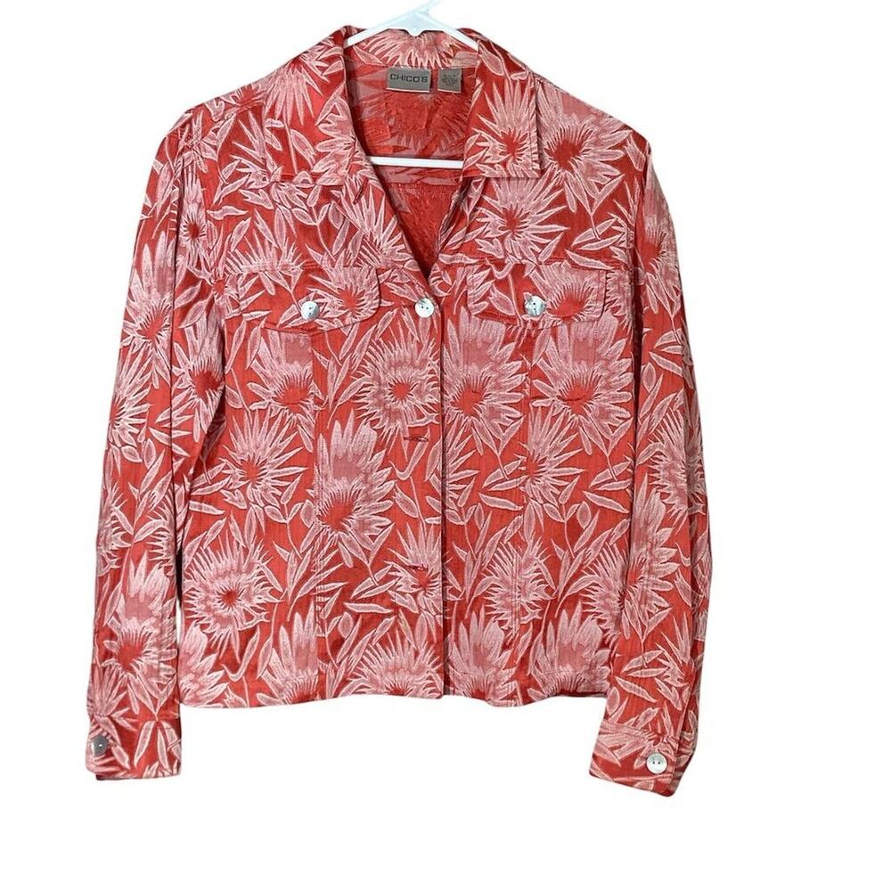 Chico's Women's Floral Silk Blend Shirt Jacket‎ Red Size 0 Boho Western